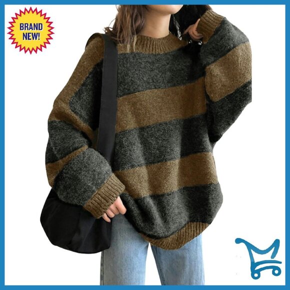 Sweaters - Oversized Striped Pullover Sweater 100% Polyester Long Sleeve Crewneck